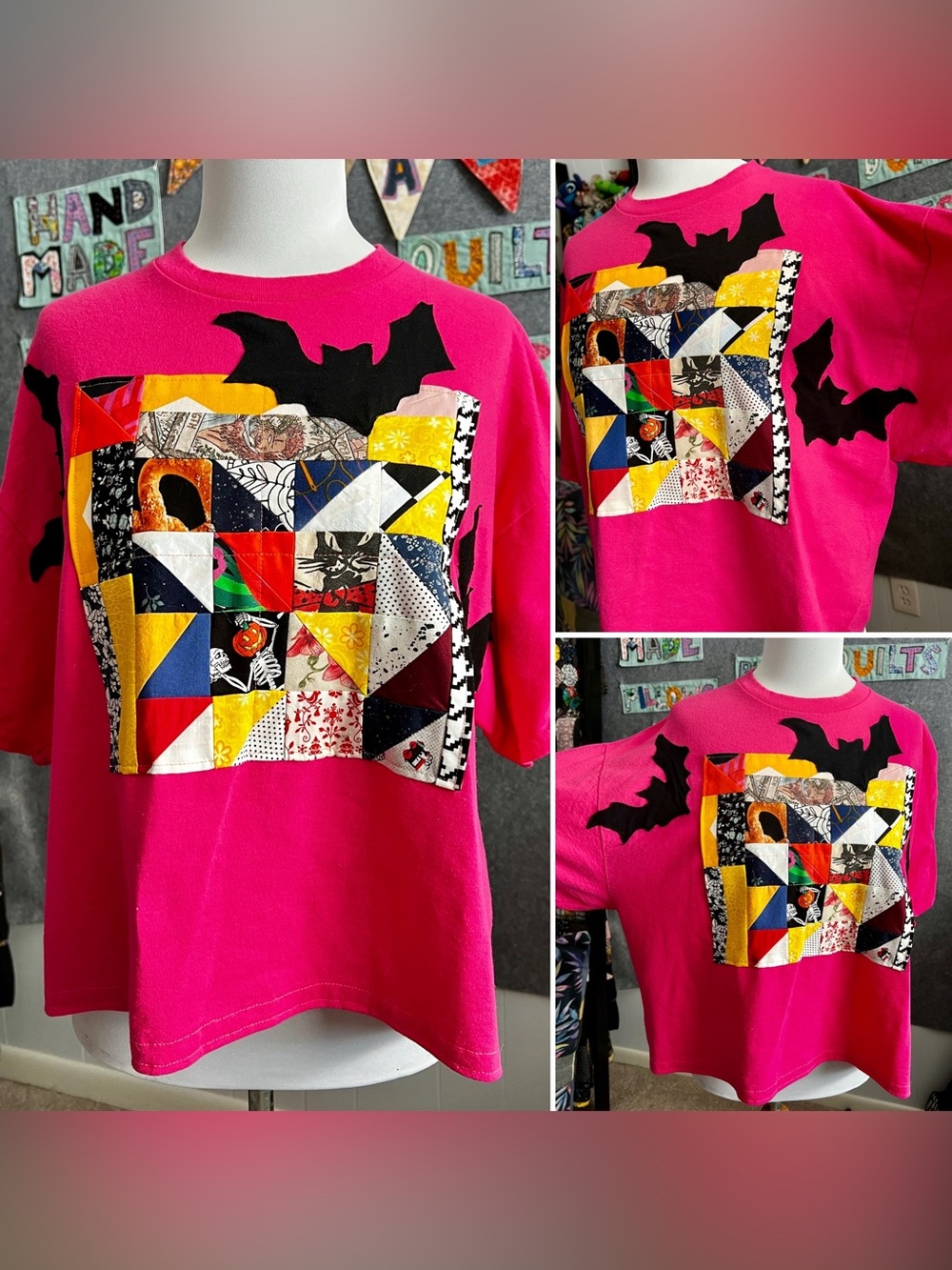 Neon Pink Bright Patchwork Bats - Crop Tee